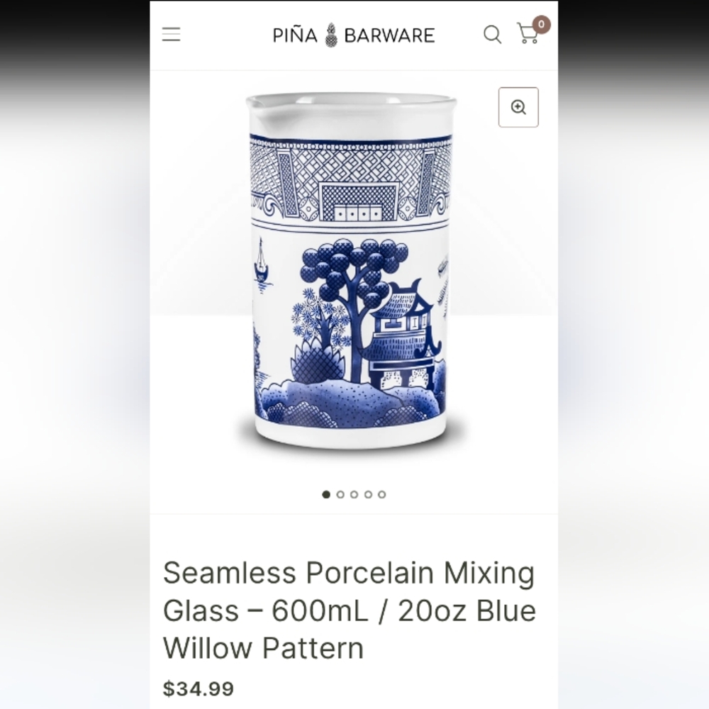 Pina Barware Blue Willow Seamless Porcelain Mixing Glass 20 Oz NWOT